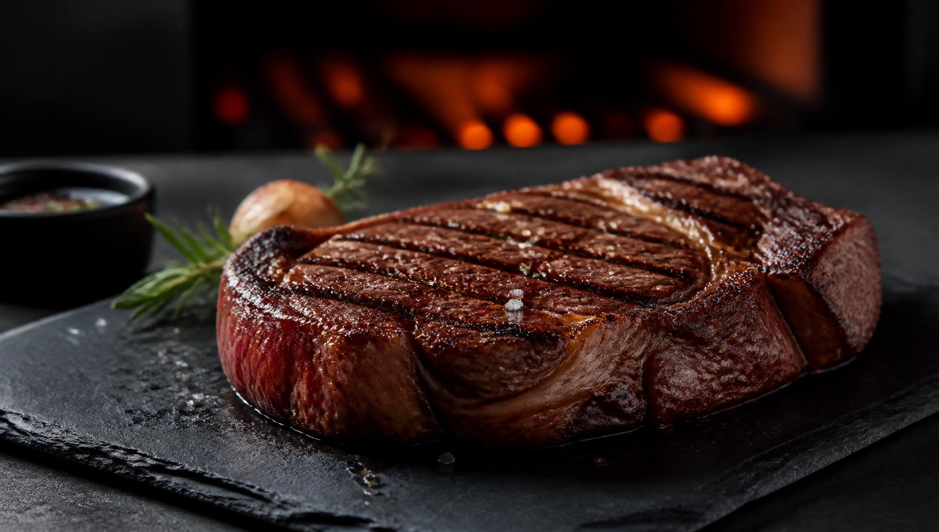 Grilled Argentinian rib-eye steak with rosemary and sea salt
